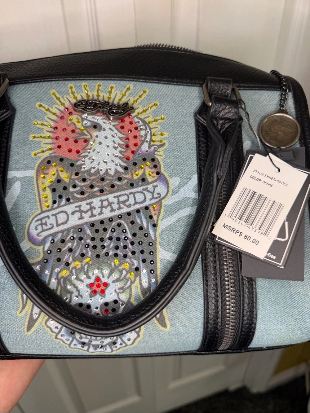 NWT Ed Hardy Blue and Black Eagle Graphic Denim Satchel MSRP $80